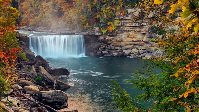 Serene Autumn Waterfall in Forest