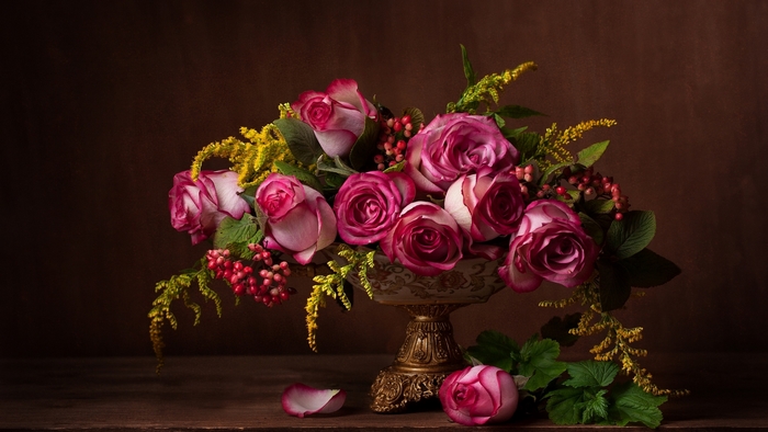 Still life of pink roses in a vase