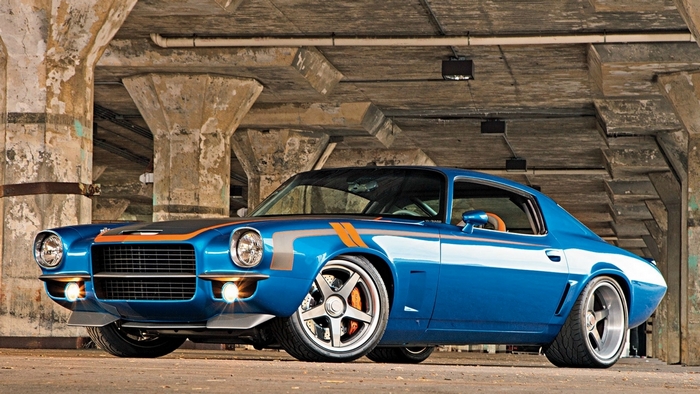 1971 Chevrolet Camaro in blue with orange stripes