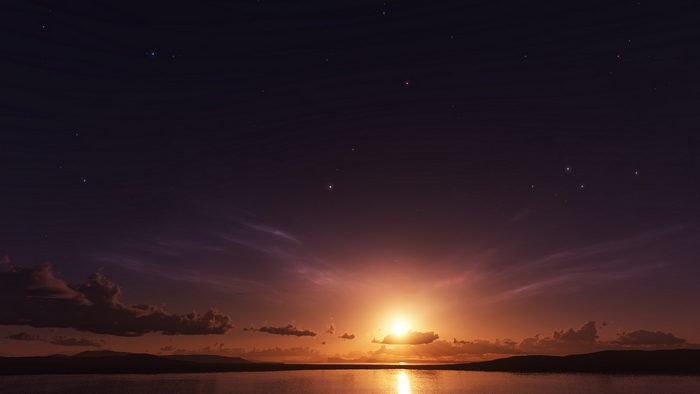 Sunset over a lake with stars in the sky