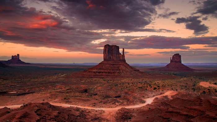 Monument Valley at sunset with dramatic clouds