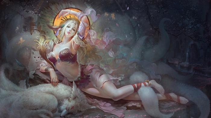 Ahri with Nine Tails and White Fox in Fantasy Setting