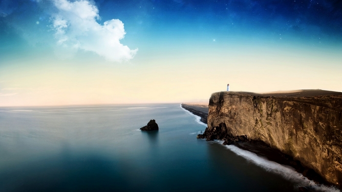 Ocean Cliff with Lighthouse under Cloudy Sky