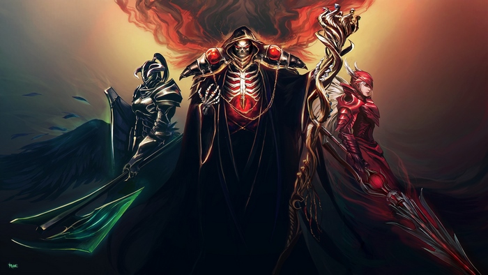 Three armored figures with a skeleton grim reaper in the center