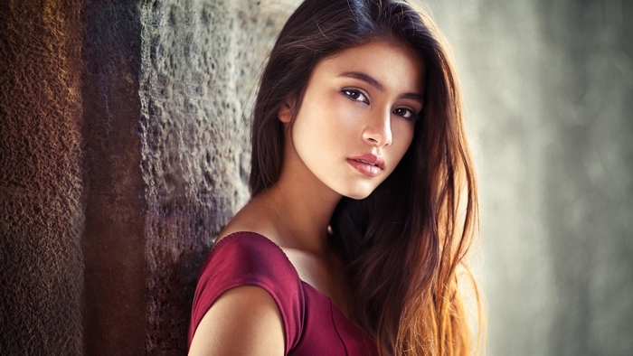 Portrait of Elegant Woman in Burgundy Dress