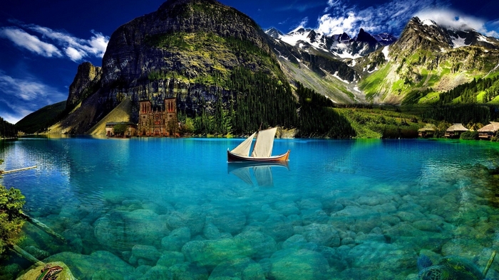 Sailboat on a clear lake with mountains and a castle