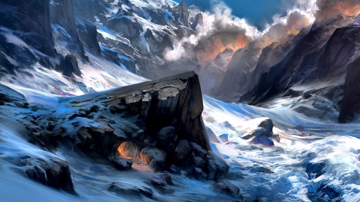 Snowy Mountain Landscape with Glowing Cave