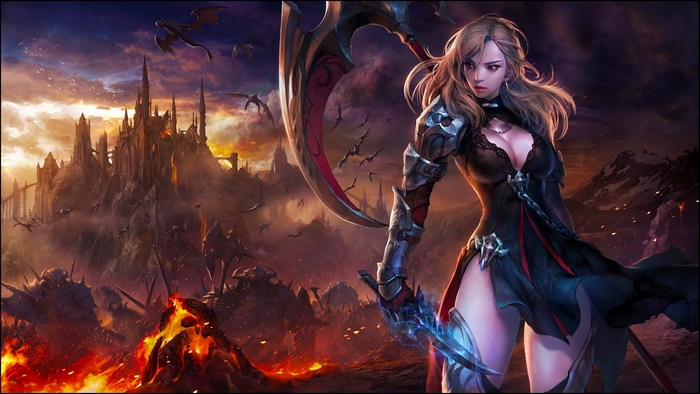 Fantasy Female Warrior with Sword and Castle