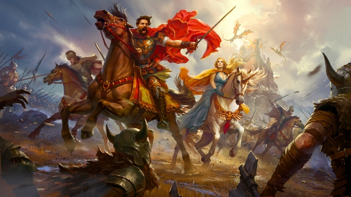 Fantasy battle with knights, dragons, and a castle