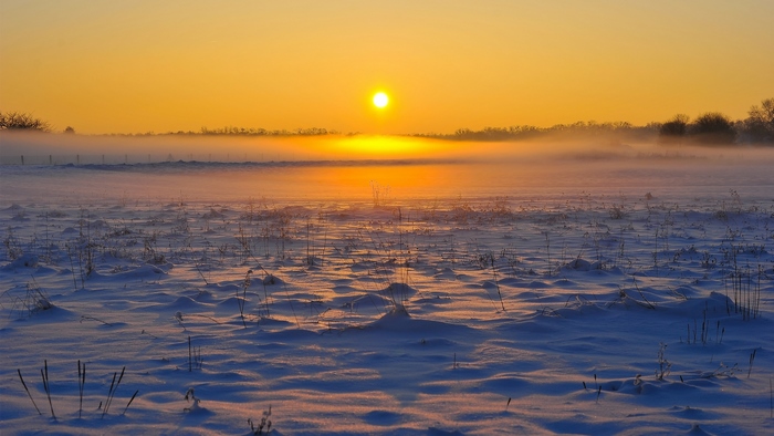Golden sunset over a misty snowy field