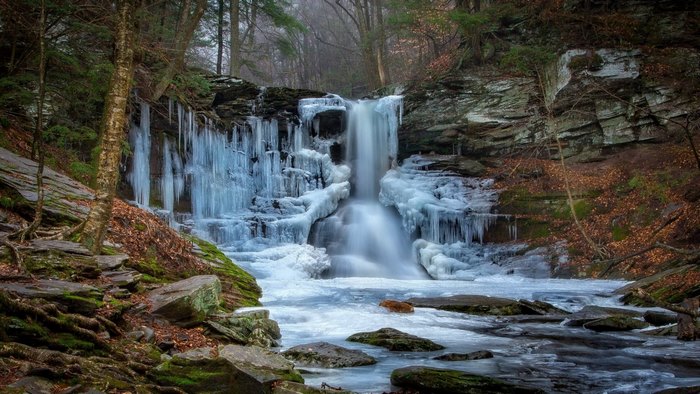 Frozen waterfall in a forest in the USA