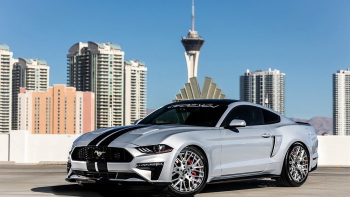 Silver Ford Mustang GT Fastback with Black Stripes