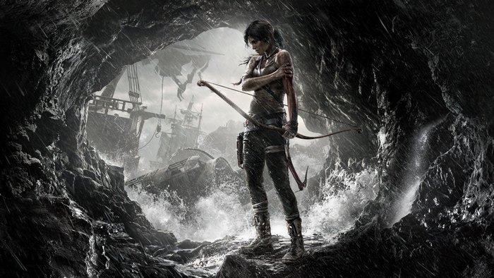 Lara Croft from Tomb Raider with a bow in a cave