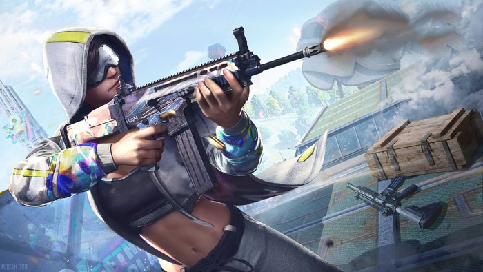 PUBG: Female player firing colorful SCAR-L rifle