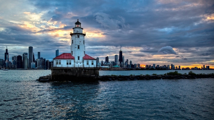 Chicago Lighthouse at Dusk over Lake Michigan