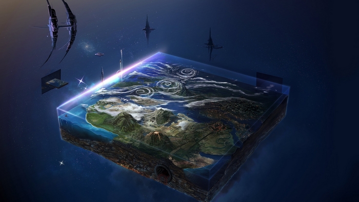 Futuristic 3D Space Map with Floating Ships