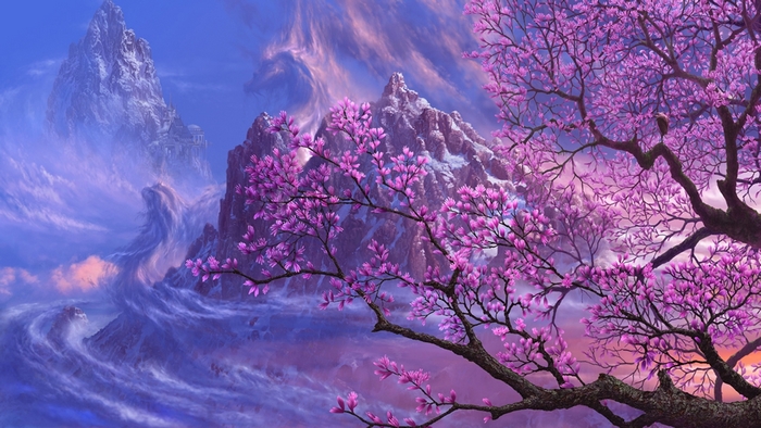 Magical Purple Mountains with Cherry Blossoms