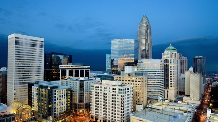 Charlotte skyline with skyscrapers at dusk