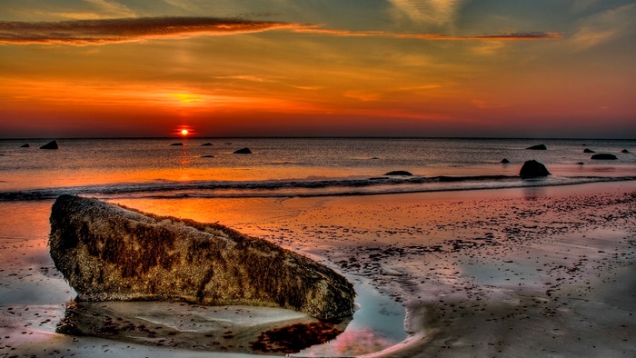 rocks, pretty, riverbank, sun, orange, sunset, clouds, mirrored, beach