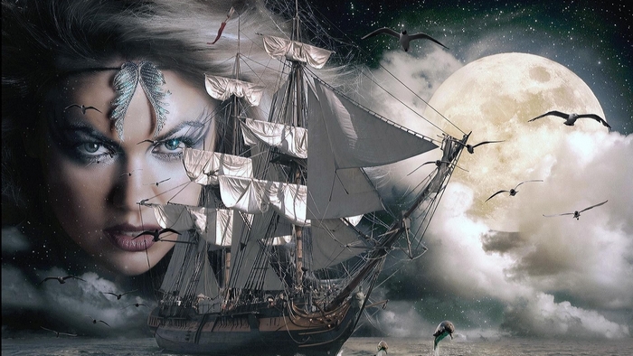 Fantasy woman's face and sailing ship under the moon