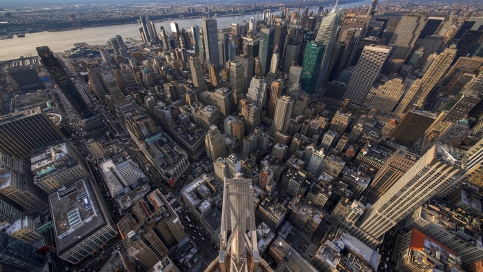 Aerial view of New York City skyscrapers and river