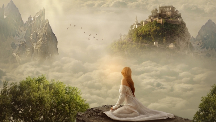 Fantasy castle on a mountain above clouds with a girl