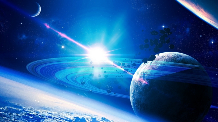 Digital art of planets and rings in space