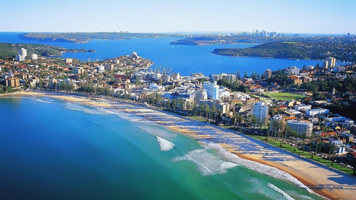 Manly Beach and Sydney skyline, Australia