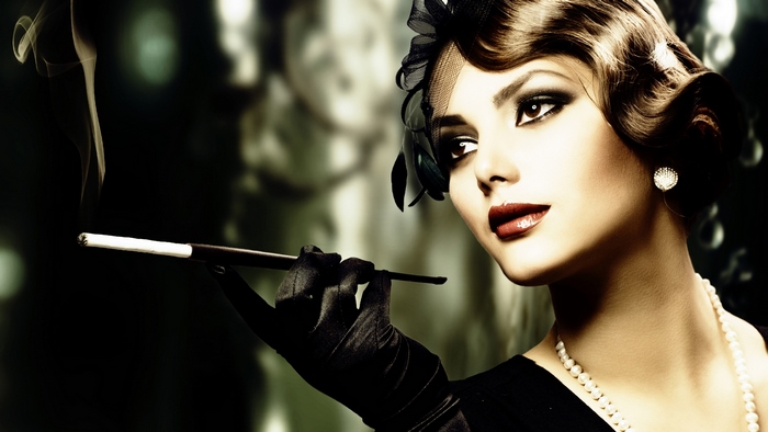Woman in 1920s attire smoking a cigarette