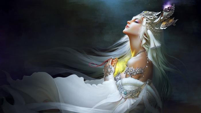 Fantasy sorceress with white hair and ornate headdress