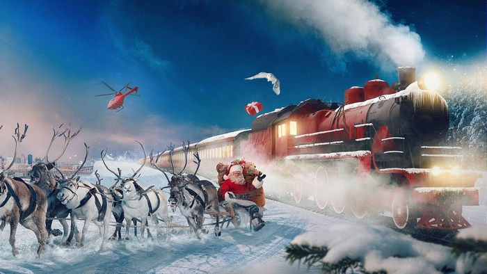 Santa Claus on a sleigh pulled by reindeer with a train