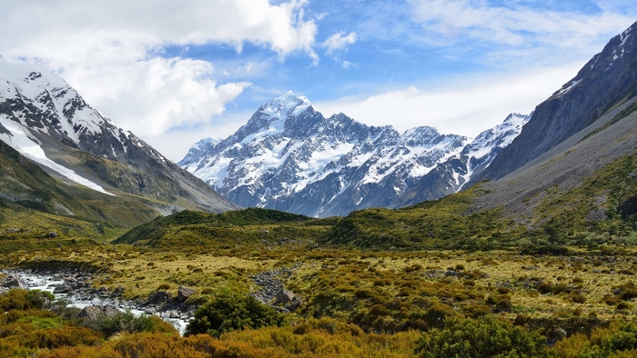 Snow-capped mountains and a river valley