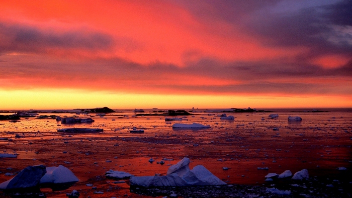 Icebergs floating in the ocean during a vibrant sunset