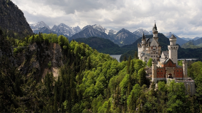 Neuschwanstein Castle in Bavaria, Germany with Mountains