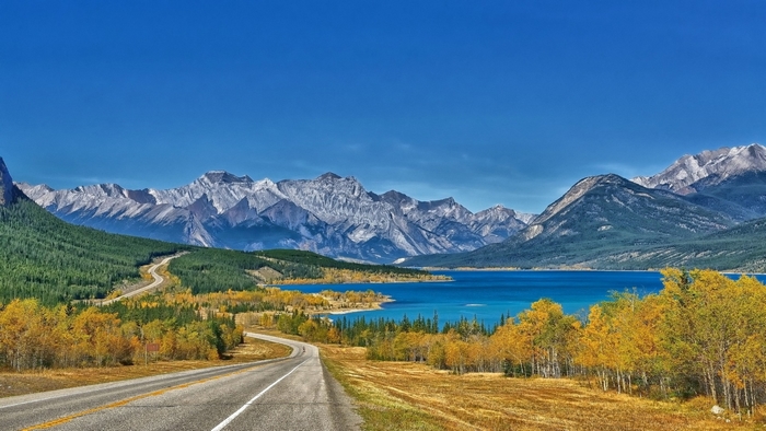 Autumn Road by a Canadian Lake with Rocky Mountains