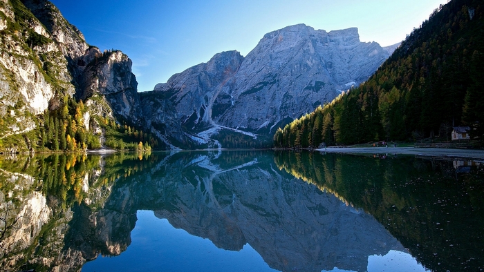 Mountain lake reflection with trees and sky