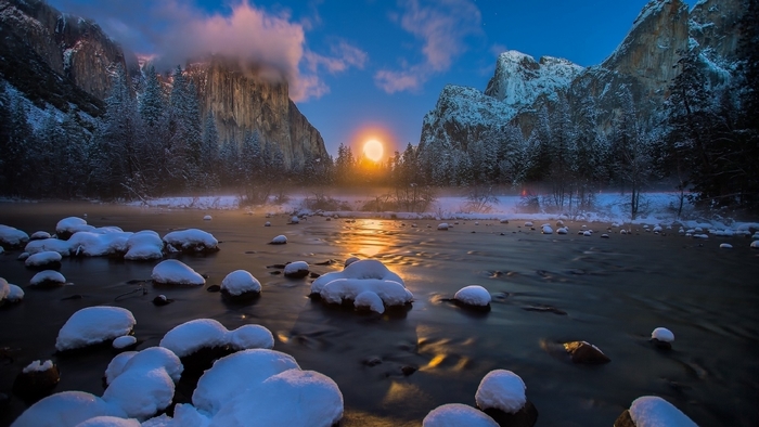 Winter Sunrise Over Snowy River Landscape