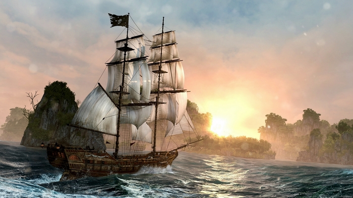 Pirate ship sailing at sunset near islands