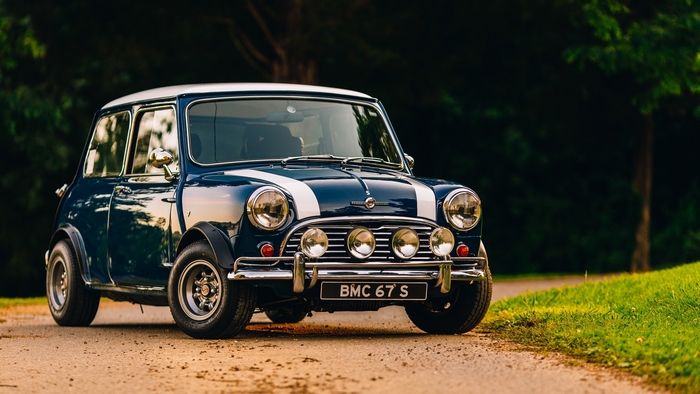 Blue Morris Mini Cooper MK I with white stripes