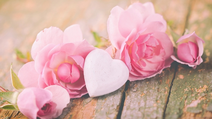 Pink roses and a heart on a wooden surface
