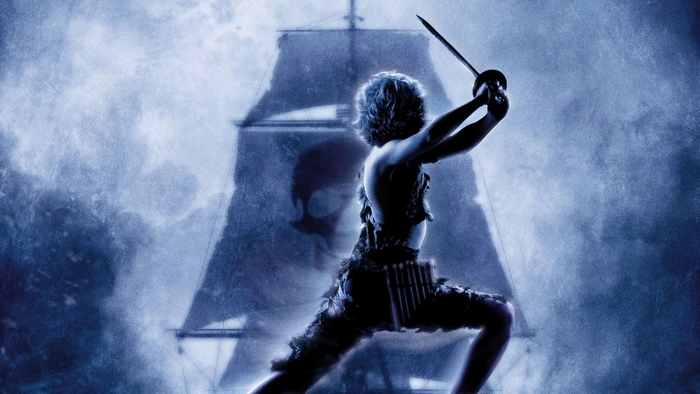 Peter Pan with Sword in front of a Pirate Ship
