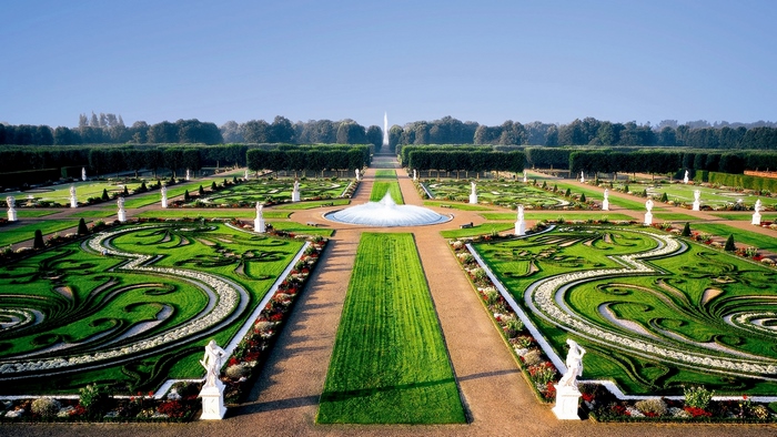 Baroque garden with fountains and statues