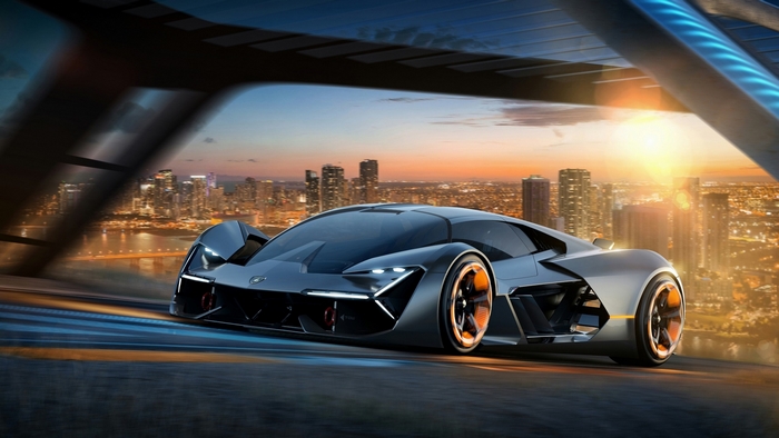Lamborghini Millennio concept car in city at sunset