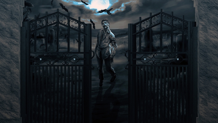 Zombie emerging from a haunted cemetery at night