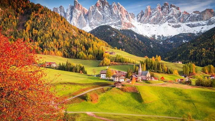 Autumn Landscape in the Italian Alps with Snowy Mountains