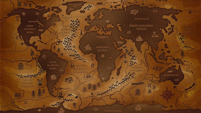 Fantasy world map with fictional kingdoms and oceans
