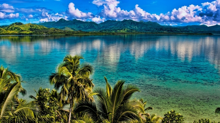 Tropical island bay with palm trees and mountains