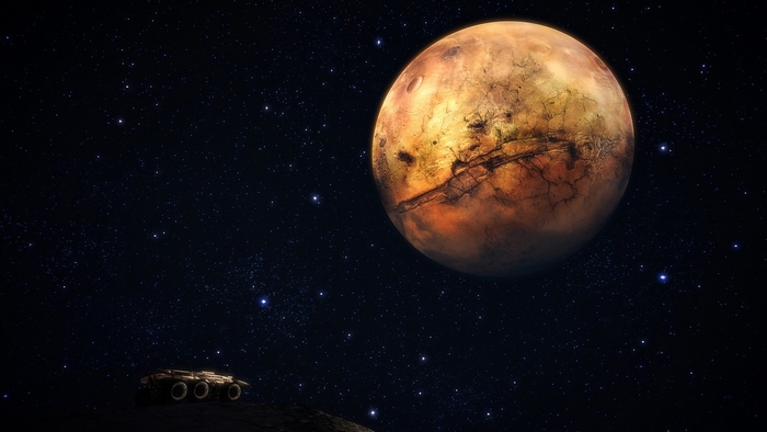 Mars and a rover in space with stars
