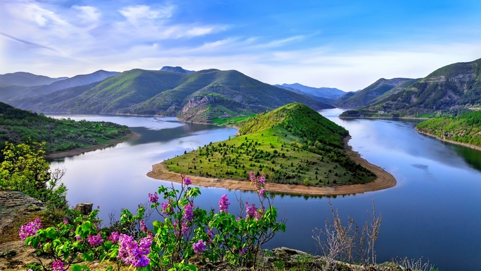 Beautiful mountain lake with green hills and purple flowers