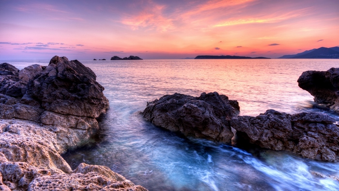 rocky, colors, beautiful, sunset, sky, clouds, sea, calm, beaches ...